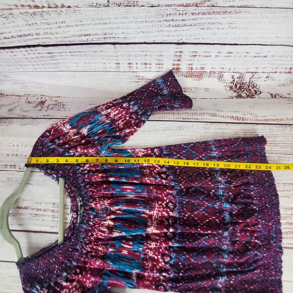 Lucky Brand Peasant Blousy Top Size M Purple Blue Paisley Geo Stretchy Boho 70's - Picture 9 of 10